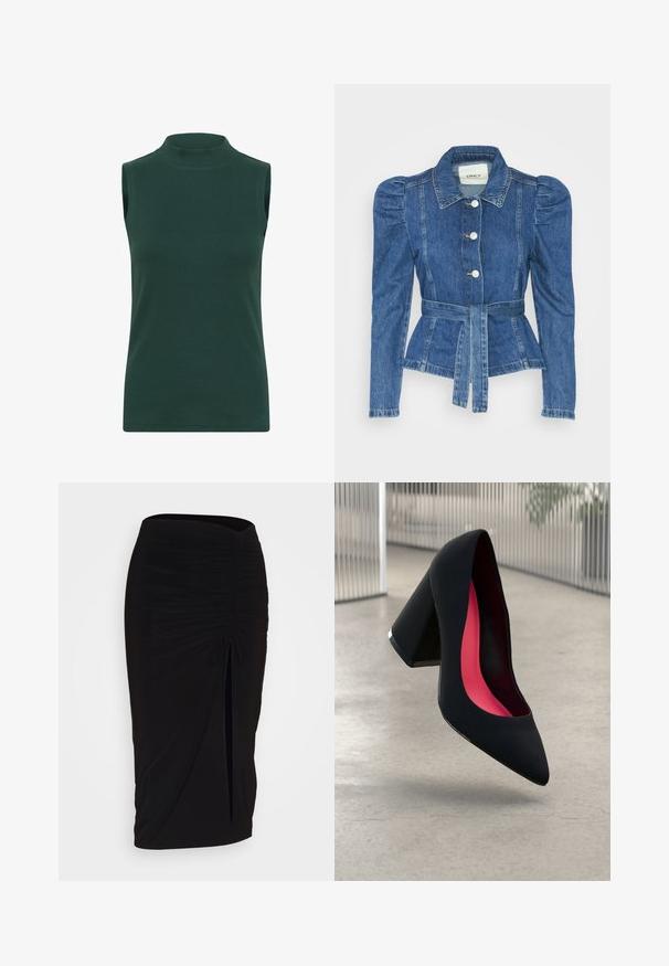 Džínová bunda s páskem v pase, přiléhavým střihem a nadýchanými ramenními vycpávkami. Středně modrá barva, strukturovaný design a zapínání na knoflíky vpředu.; Halenka bez rukávů s rolákem vyrobená z žebrované tkaniny v tmavě zelené barvě. Má vysoký límec, hladkou texturu a přiléhavý střih.; Černá, řasená tužková sukně s detailem na zavazování a bočním rozparkem. Vyrobena z elastického materiálu s hladkou texturou a přiléhavým střihem.; Černá vysoká podpatková bota s špičatou špičkou, texturovaným povrchem a živým růžovým interiérem. Obsahuje masivní podpatek se stříbrným akcentem.