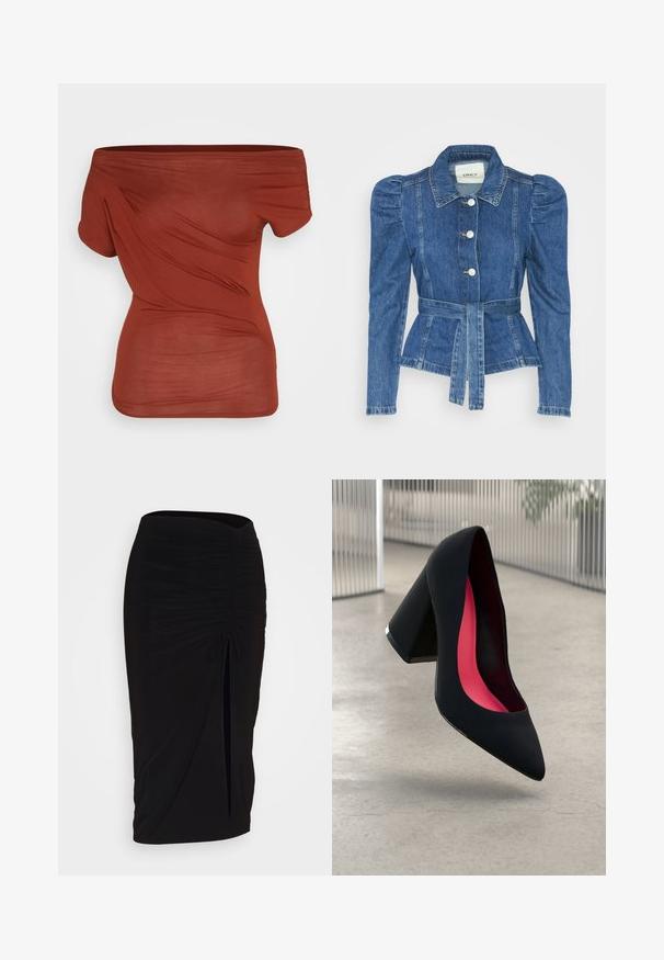 Denimo striukė su dirželiu liemens srityje, prigludusia forma ir pūstomis pečių dalimis. Vidutinio mėlynumo spalva, struktūrizuotas dizainas ir priekiniai mygtukų užsegimai.; Raudonas off-shoulder viršus, pagamintas iš lengvos medžiagos. Pasižymi elegantišku dizainu su subtiliomis klostėmis ir trumpomis rankovėmis. Lygus paviršius.; Juoda, raukšlėta pieštuko sijonas su raišteliu ir šoniniu įpjovimu. Pagamintas iš elastingos medžiagos, pasižymi lygiu paviršiumi ir prigludusia forma.; Juodas aukštakulnis batai su smailiu pirštu, su tekstūruota paviršiumi ir ryškiai rožiniu vidumi. Su tiek dideliu kulnu, tiek sidabriniu akcentu.