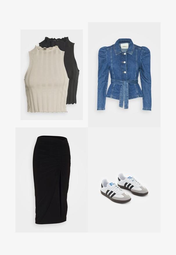Denim jacket with a belted waist, fitted bodice, and puffed shoulders. Medium blue color, structured design, and front button closures.; Two ribbed sleeveless tops are shown, one in light beige and the other in black. Both have a scalloped neckline and a fitted shape.; Black, ruched pencil skirt with tie detail and a side slit. Made from a stretchy fabric, featuring a smooth texture and form-fitting design.; Sport shoes with a white leather upper, gray suede toe, and three black stripes. Features a blue logo on the tongue and a textured rubber sole.