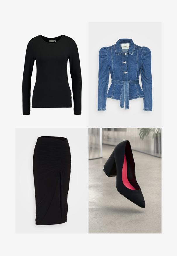 Jeansjacke mit tailliertem Schnitt, fitted Oberteil und gepufften Schultern. Mittelblaue Farbe, strukturierte Form und Frontknopfverschlüsse.; Schwarzes Langarmshirt aus weichem Baumwollmischgewebe. Verfügt über einen Rundhalsausschnitt und eine figurbetonte Silhouette mit glatter Textur. Keine Muster oder Akzente.; Schwarzer, geraffter Bleistiftrock mit Bindegürtel und seitlichem Schlitz. Hergestellt aus einem dehnbaren Stoff, mit glatter Textur und figurschmeichelndem Design.; Schwarzer High Heel Schuh mit spitzer Zehe, strukturiertem Obermaterial und lebhaftem pinken Innenraum. Verfügt über einen dicken Absatz mit silberner Akzentuierung.