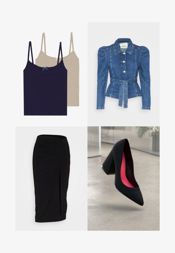 Jeansjacka med midjebälte, åtsittande liv och puffiga axlar. Mellanblå färg, strukturerad design och knäppning fram.; Två ruggade linnen, ett marinblått med blå rosett och ett krämfärgat med silver rosett, med justerbara band och en texturerad yta.; Svart, rynkad pennkjol med knytning och en sidoslits. Tillverkad av ett elastiskt tyg, med en jämn yta och figurnära design.; Svart högklackad sko med spetsig tå, texturerad yta och en livlig rosa inredning. Har en kraftig klack med silverdetaljer.