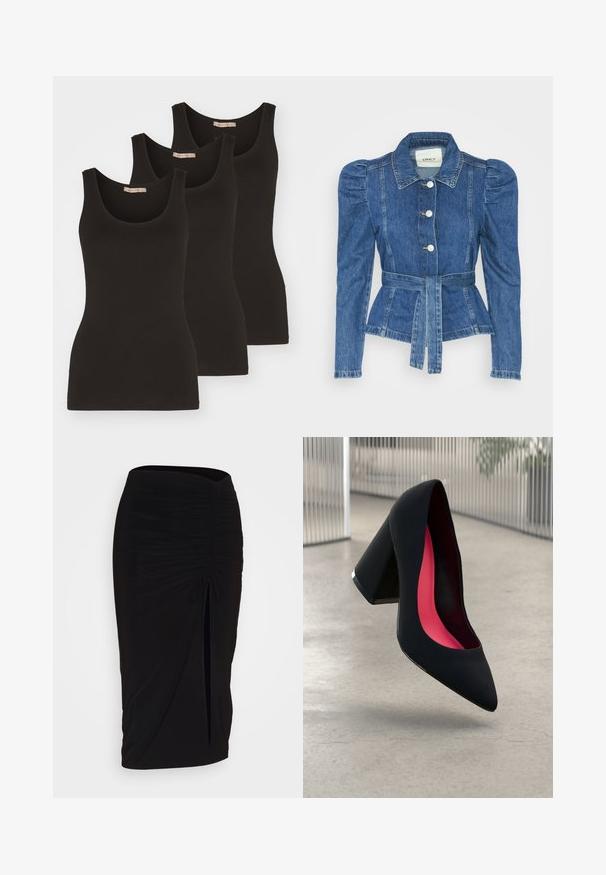 Jeansowa kurtka z pasem w talii, dopasowaną górą i bufiaste ramiona. Średni niebieski kolor, usztywniony fason oraz zapięcie na guziki z przodu.; Trzy czarne topy na ramiączkach wykonane z bawełny, z okrągłym dekoltem i wąskimi ramiączkami. Mają gładką fakturę i dopasowany krój.; Czarna, marszczona spódnica typu ołówkowego z węzłem i bocznym rozcięciem. Wykonana z elastycznego materiału, o gładkiej fakturze i dopasowanym kroju.; Czarna szpilka o spiczastym nosie, z teksturowaną powierzchnią i intensywnie różowym wnętrzem. Posiada masywny obcas z srebrnym akcentem.