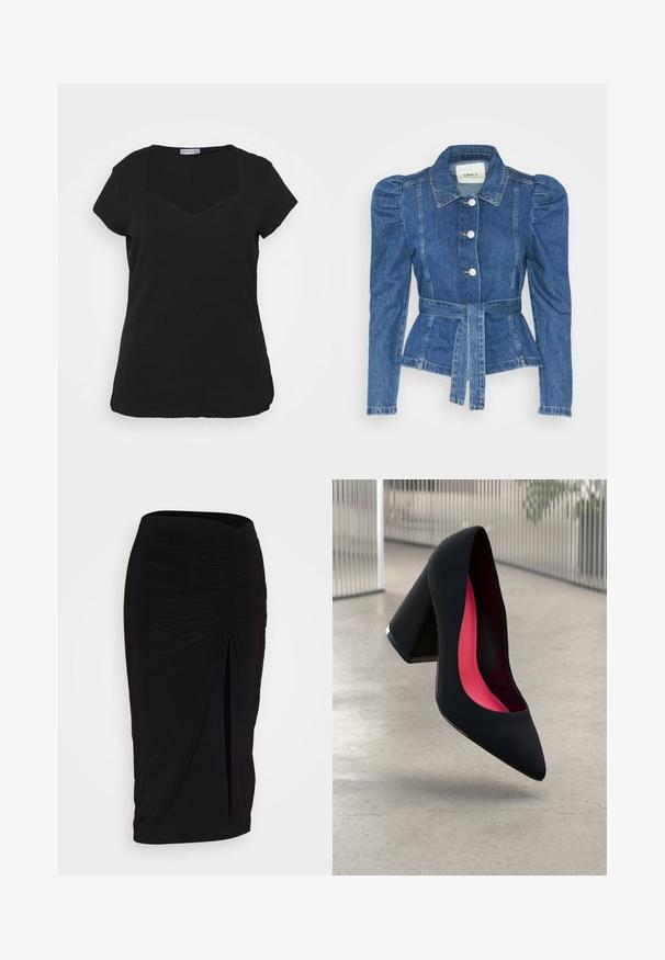 Casaco de ganga com cintura ajustada, corpete justo e ombros bufantes. Cor azul média, design estruturado e fecho frontal por botões.; T-shirt preto canelado com decote quadrado, mangas curtas e silhueta ajustada. Textura de tecido suave e bainha sem costura.; Saia lápis preta, franzida, com detalhe de laço e uma fenda lateral. Feita de um tecido elástico, apresenta uma textura suave e um design justo ao corpo.; Sapato de salto alto preto com bico puntiagudo, superfície texturizada e um interior vibrante em rosa. Apresenta um salto grosso com detalhe em prata.
