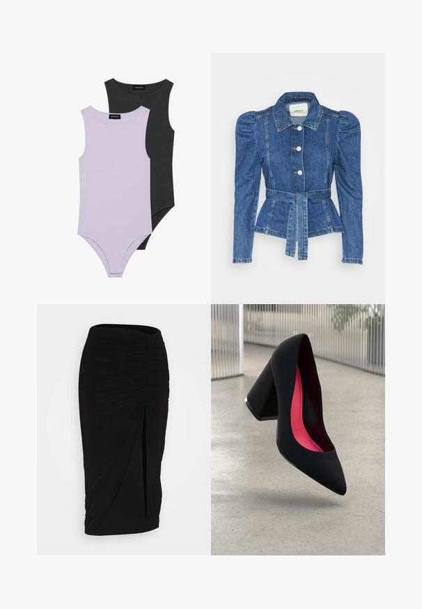 Denim jacket with a belted waist, fitted bodice, and puffed shoulders. Medium blue color, structured design, and front button closures.; Two sleeveless bodysuits: one in light lavender, one in dark gray. Made from soft fabric with a round neckline and fitted shape.; Black, ruched pencil skirt with tie detail and a side slit. Made from a stretchy fabric, featuring a smooth texture and form-fitting design.; Black high-heeled shoe with a pointed toe and a textured upper. Interior features bright pink lining. Square heel with metallic accent at the base.