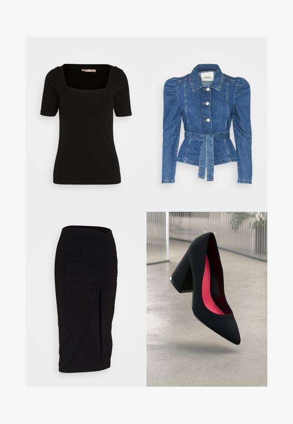 Denimo striukė su dirželiu liemens srityje, prigludusia forma ir pūstomis pečių dalimis. Vidutinio mėlynumo spalva, struktūrizuotas dizainas ir priekiniai mygtukų užsegimai.; Juodas trumpomis rankovėmis viršus su kvadratiniu iškirpimu. Pagamintas iš minkštos, elastingos medžiagos. Turi tvarkingą siuvinėjimą ir prigludusią siluetą.; Juoda, raukšlėta pieštuko sijonas su raišteliu ir šoniniu įpjovimu. Pagamintas iš elastingos medžiagos, pasižymi lygiu paviršiumi ir prigludusia forma.; Juodas aukštakulnis batai su smailiu pirštu, su tekstūruota paviršiumi ir ryškiai rožiniu vidumi. Su tiek dideliu kulnu, tiek sidabriniu akcentu.