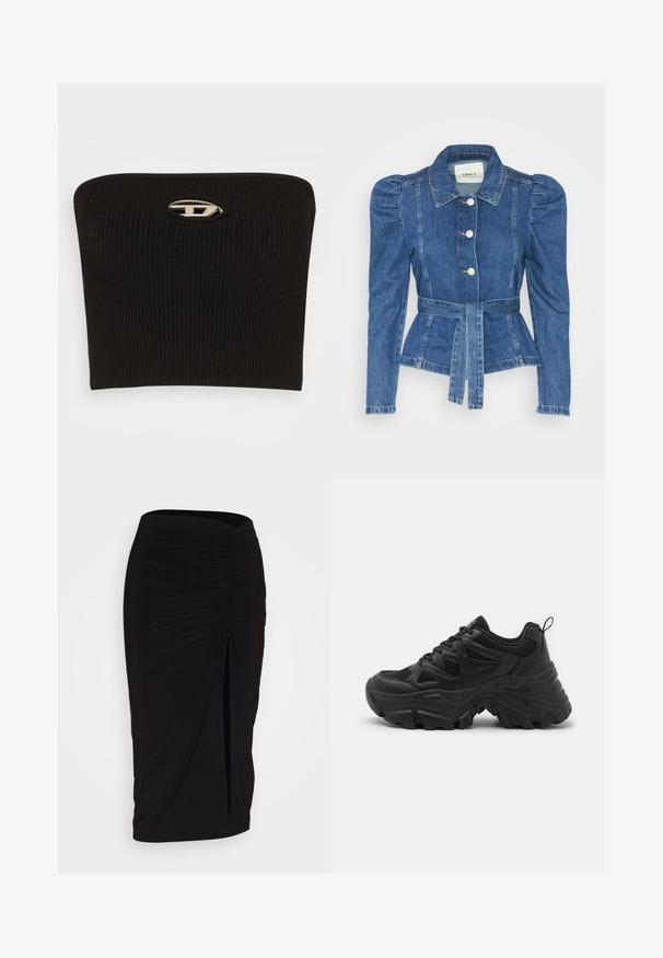 Džinsu jaka ar jostas vidukli, pieguļošu augšdaļu un pūšām plecu daļām. Vidēji zila krāsa, strukturēts dizains un priekšējie pogu aizdarījumi.; Melna ribota bezpiedurkņu topiņa ar izteiktu ovālu sudraba logo detaļu centrā. Gluda tekstūra un pieguļoša konstrukcija.; Melna, ručām veidota zīda svārku ar saišu detaļu un sānu izgriezumu. Izgatavota no elastīga auduma, ar gludu tekstūru un pieguļošu dizainu.; Melni sporta apavi ar teksturētu sietu augšdaļu, izliekta gumijas zole un izteikta profila raksts. Iekļautas integrētas šņorēšanas sistēmas un cilpa.