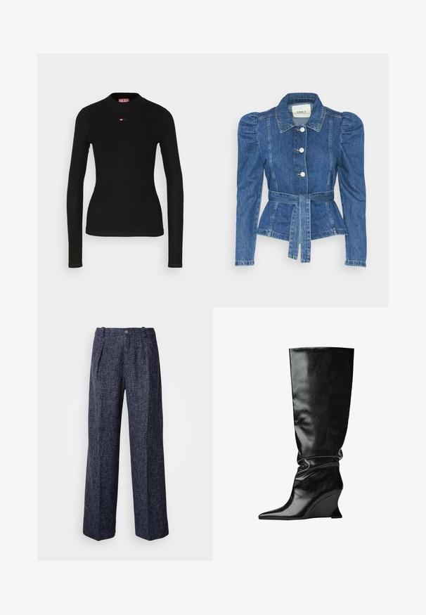 Veste en denim avec une taille ceinturée, un buste ajusté et des épaules bouffantes. Couleur bleu moyen, design structuré et fermetures à boutons sur le devant.; T-shirt noir à manches longues en tissu à côtes, avec un col rond et un petit logo Diesel rouge brodé sur la poitrine.; Pantalons bleu marine avec un tissage texturé, taille haute, coupe large et plis avant. Dotés d'une fermeture à bouton unique et d'une fermeture éclair.; Botte en cuir noir à talon compensé hauteur genou avec un bout pointu et une texture plissée ; finition lisse avec une silhouette structurée.