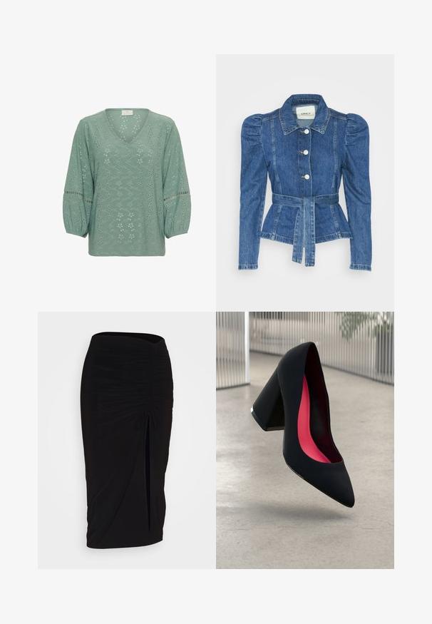 Denimo striukė su dirželiu liemens srityje, prigludusia forma ir pūstomis pečių dalimis. Vidutinio mėlynumo spalva, struktūrizuotas dizainas ir priekiniai mygtukų užsegimai.; Kaffe KATYRA - Palaidinė - green bay cc; Juoda, raukšlėta pieštuko sijonas su raišteliu ir šoniniu įpjovimu. Pagamintas iš elastingos medžiagos, pasižymi lygiu paviršiumi ir prigludusia forma.; Juodas aukštakulnis batai su smailiu pirštu, su tekstūruota paviršiumi ir ryškiai rožiniu vidumi. Su tiek dideliu kulnu, tiek sidabriniu akcentu.