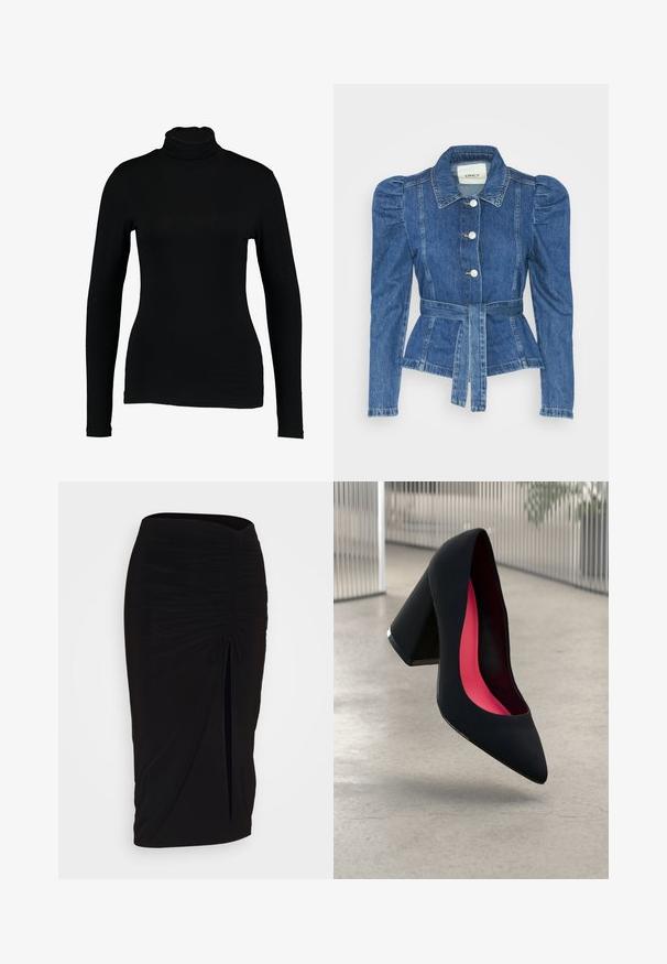 Riposso takki, jossa on vyöllinen vyötärö, istuva vartalo ja puffatut olkapäät. Keskisininen väri, rakenteellinen muotoilu ja etupainetut napit.; Mustat pitkähihaiset poolopaidat, jotka on valmistettu sileästä kankaasta, ominaisuutena tiukka malli ja korkea kaulus, sopii kerrostamiseen tai yksin käytettäväksi.; Musta, rypytetty kynähame, jossa on solmuseikkaus ja sivurako. Valmistettu joustavasta kankaasta, joka tarjoaa sileän pinnan ja vartaloon kiinnittyvän muodon.; Musta korkokenkä, jossa on terävä kärki, teksturoitu pinta ja kirkkaan vaaleanpunainen sisus. Varustettu tukevalla kannalla, jossa on hopeinen yksityiskohta.