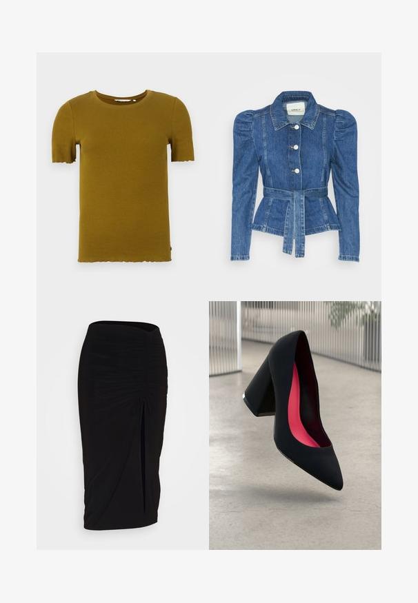 Jeansowa kurtka z pasem w talii, dopasowaną górą i bufiaste ramiona. Średni niebieski kolor, usztywniony fason oraz zapięcie na guziki z przodu.; Musztardowa żółta koszulka z krótkim rękawem i okrągłym dekoltem, z falbaniastym dołem. Miękka tekstura i dopasowany krój. Brak widocznych elementów metalowych oraz wzorów.; Czarna, marszczona spódnica typu ołówkowego z węzłem i bocznym rozcięciem. Wykonana z elastycznego materiału, o gładkiej fakturze i dopasowanym kroju.; Czarny but na wysokim obcasie z ostrym noskiem i fakturowaną cholewką. Wnętrze wyściełane jaskrawo różową podszewką. Kwadratowy obcas z metalicznym akcentem u podstawy.