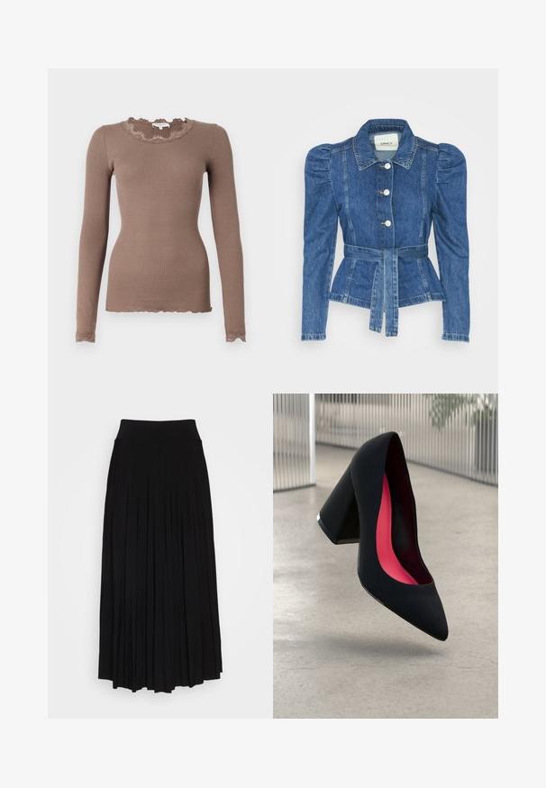 Jeansjacka med midjebälte, åtsittande liv och puffiga axlar. Mellanblå färg, strukturerad design och knäppning fram.; Ribbad långärmad topp i brunt med en scalloped spetsåhalsning och fåll. Har smal passform och textil med struktur för extra detalj.; Svart plisserad kjol med högt, elastiskt midjeband. Tillverkad av mjukt tyg, med vertikala plisseringar för en flytande silhuett.; Svart högklackad sko med spetsig tå och texturerad ovandel. Insidan har en ljusrosa foder. Fyrkantig klack med metallisk detalj vid basen.