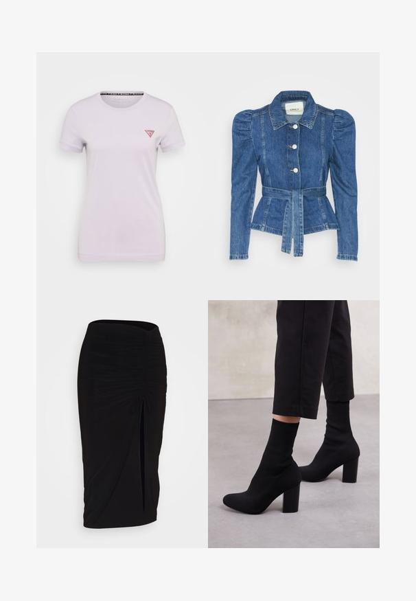 Jeansowa kurtka z pasem w talii, dopasowaną górą i bufiaste ramiona. Średni niebieski kolor, usztywniony fason oraz zapięcie na guziki z przodu.; Guess - T-shirt basic; Czarna, marszczona spódnica typu ołówkowego z węzłem i bocznym rozcięciem. Wykonana z elastycznego materiału, o gładkiej fakturze i dopasowanym kroju.; Czarne botki na obcasie za kostkę z prążkowanym cholewką przypominającą skarpetę, gładką powierzchnią, okrągłym noskiem oraz stabilnym słupkowym obcasem.