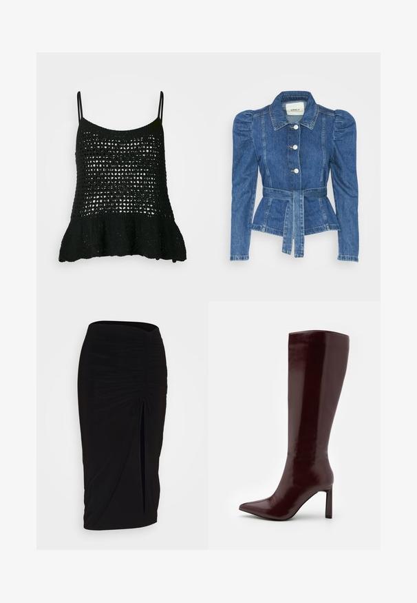 Denim jacket with a belted waist, fitted bodice, and puffed shoulders. Medium blue color, structured design, and front button closures.; Black knitted tank top featuring a loose crochet design, thin straps, and a flared bottom hem for added shape and texture.; Black, ruched pencil skirt with tie detail and a side slit. Made from a stretchy fabric, featuring a smooth texture and form-fitting design.; Even&Odd Boots - dark red