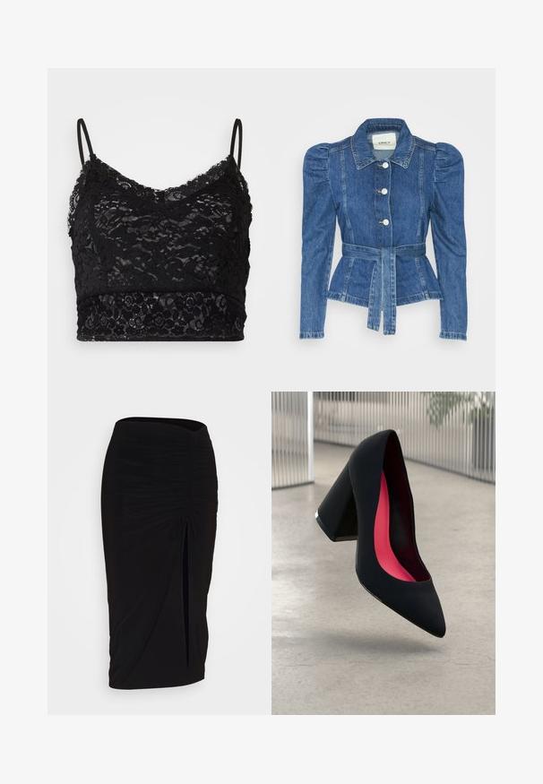 Denimo striukė su dirželiu liemens srityje, prigludusia forma ir pūstomis pečių dalimis. Vidutinio mėlynumo spalva, struktūrizuotas dizainas ir priekiniai mygtukų užsegimai.; Juodas nėrinių braletas su reguliuojamomis spaghetti petnešėlėmis, gėlių nėrinių raštu ir tvirtu juodu juostos apačioje.; Juoda, raukšlėta pieštuko sijonas su raišteliu ir šoniniu įpjovimu. Pagamintas iš elastingos medžiagos, pasižymi lygiu paviršiumi ir prigludusia forma.; Juodas aukštakulnis batai su smailiu pirštu, su tekstūruota paviršiumi ir ryškiai rožiniu vidumi. Su tiek dideliu kulnu, tiek sidabriniu akcentu.