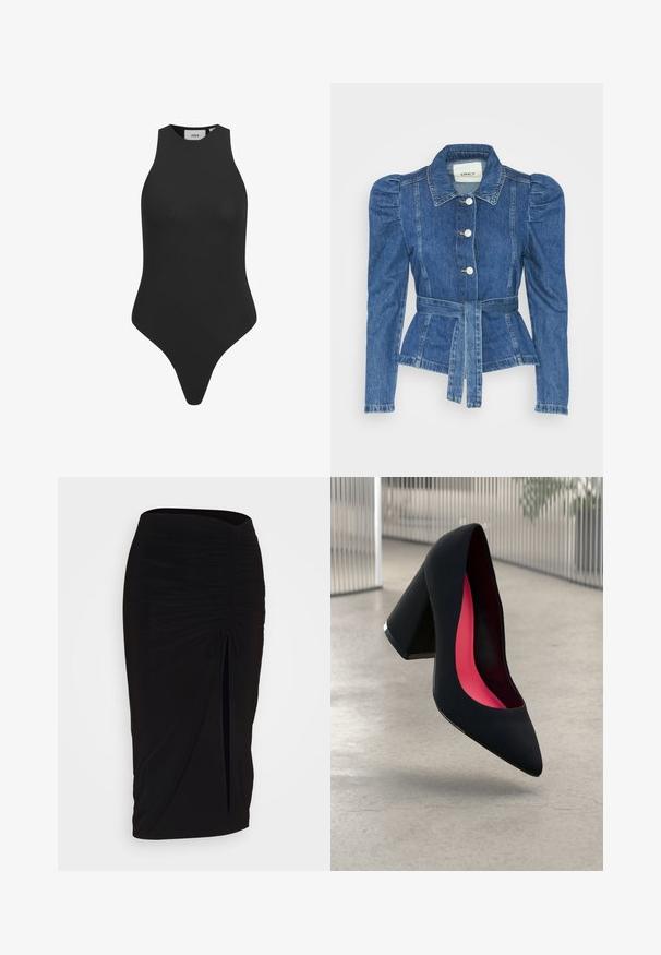 Farmer dzseki övvel a deréknál, testhez simuló fazon és puffos vállakkal. Középkék szín, struktúrált kialakítás és elöl gombos záródás.; Fekete ujjatlan body magas nyakkivágással és tanga alsórésszel. Simább, rugalmas anyagból készült, testhezálló fazonban.; Fekete, ráncolt ceruzaszoknya kötött részlettel és oldalsó hasítékkal. Rugalmas anyagból készült, sima textúrával és testhez álló kialakítással.; Fekete magassarkú cipő hegyes orral, textúrált felülettel és élénk rózsaszín béléssel. Vastag sarokkal rendelkezik, ezüst kiegészítővel.