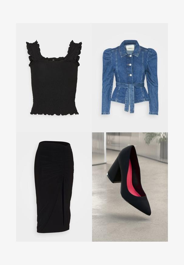 Casaco de ganga com cintura ajustada, corpete justo e ombros bufantes. Cor azul média, design estruturado e fecho frontal por botões.; Top preto com franzido, alças com folhos e bainha em forma de scallop. Tecido suave e texturizado com um silhueta ajustada, realçando a forma.; Saia lápis preta, franzida, com detalhe de laço e uma fenda lateral. Feita de um tecido elástico, apresenta uma textura suave e um design justo ao corpo.; Sapato de salto alto preto com bico puntiagudo, superfície texturizada e um interior vibrante em rosa. Apresenta um salto grosso com detalhe em prata.