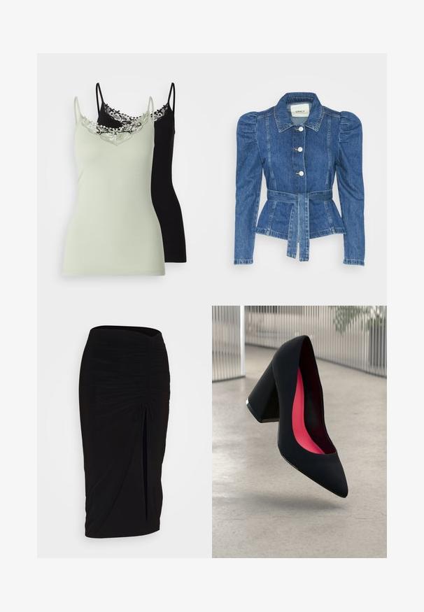 Jeansjacke mit tailliertem Schnitt, fitted Oberteil und gepufften Schultern. Mittelblaue Farbe, strukturierte Form und Frontknopfverschlüsse.; ONLY ONLKIRA LIFE SINGLET 2 PACK - Top - desert sage/black; Schwarzer, geraffter Bleistiftrock mit Bindegürtel und seitlichem Schlitz. Hergestellt aus einem dehnbaren Stoff, mit glatter Textur und figurschmeichelndem Design.; Schwarzer High Heel Schuh mit spitzer Zehe, strukturiertem Obermaterial und lebhaftem pinken Innenraum. Verfügt über einen dicken Absatz mit silberner Akzentuierung.