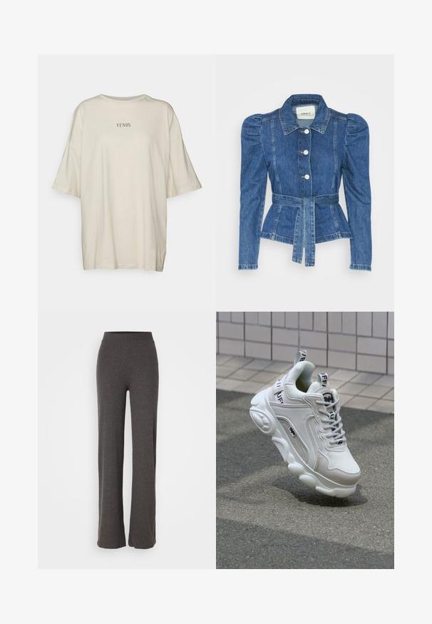 Denim jakna z pasom, prilegajoča bodica in napihnjena ramena. Srednje modra barva, strukturna zasnova in sprednje gumbne zanke.; Kremna oversize majica z mehkega blaga, s krožnim ovratnikom in kratkimi rokavi. Na sredini je črn napis "VENUS."; Sive pletene hlače s širokimi nogami in elastičnim pasom. Tkanina ima teksturiran videz, kar ponuja sproščen kroj.; Bela superga z mrežastim in usnjenim materialom, zaobljenim nosom, debelim podplatom, opaznimi vezalkami ter blagovno znamko na peti in jeziku.
