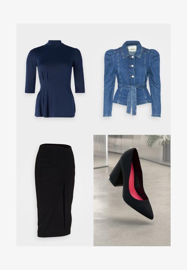 Jeansjacka med midjebälte, åtsittande liv och puffiga axlar. Mellanblå färg, strukturerad design och knäppning fram.; Mörkblå topp med hög krage och trekvartsärmar. Har sidofålldetaljer och en mjuk, stretchig tygtextur.; Svart, rynkad pennkjol med knytning och en sidoslits. Tillverkad av ett elastiskt tyg, med en jämn yta och figurnära design.; Svart högklackad sko med spetsig tå och texturerad ovandel. Insidan har en ljusrosa foder. Fyrkantig klack med metallisk detalj vid basen.