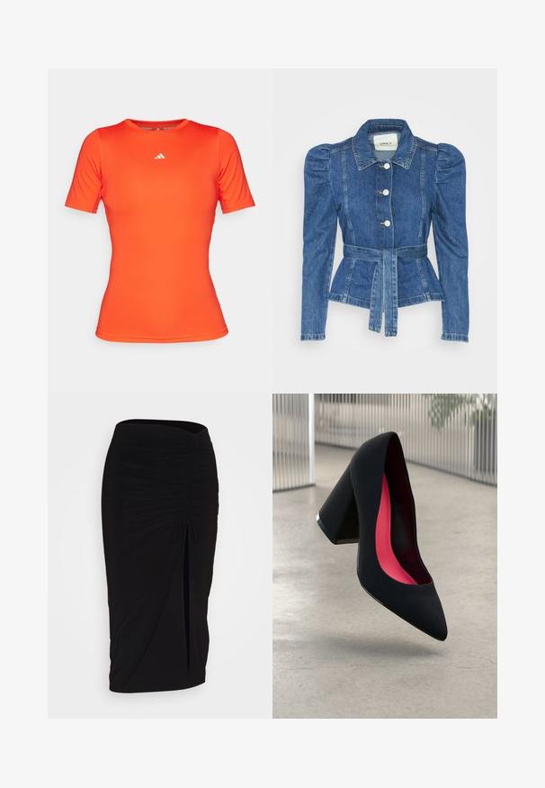 Džinsu jaka ar jostas vidukli, pieguļošu augšdaļu un pūšām plecu daļām. Vidēji zila krāsa, strukturēts dizains un priekšējie pogu aizdarījumi.; adidas Performance TECHFIT - Sporta krekli - bright red; Melna, ručām veidota zīda svārku ar saišu detaļu un sānu izgriezumu. Izgatavota no elastīga auduma, ar gludu tekstūru un pieguļošu dizainu.; Melna augsta papēža kurpe ar smailu purngalu, teksturētu virsmu un dzīvespriecīgu rozā interjeru. Satur masīlu papēdi ar sudraba akcentu.