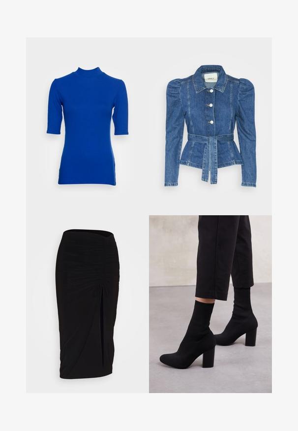 Denimiga jope, mille vöökoht on reguleeritav, kehaosa on kitsas ja õlavarred on puhvaariga. Keskmise sinise värvusega, struktureeritud disain ja ees nupulukud.; Kitsas sinine kõrge kaelusega t-särk lühikeste varrukatega, valmistatud ribatakist. Omab kõrget kaelust ja õrnu külglibise.; Mustast, rikutud pliiatsiseelik sidumisdetailiga ja küljes lahtise lõhenemisega. Valmistatud venivast kangast, millel on sile tekstuur ja keha lähedane lõige.; Mustad mustas kontsaga pahklai saapad ribatud sokitaolise ülaservaga, sile pind, ümar varvas ja plokknina stabiilsuse tagamiseks.
