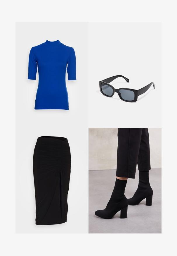 Casaco de ganga com cintura ajustada, corpete justo e ombros bufantes. Cor azul média, design estruturado e fecho frontal por botões.; Top azul justo com gola alta e mangas curtas, feito de tecido canelado. Apresenta um decote alto e fendas laterais discretas.; Saia lápis preta, franzida, com detalhe de laço e uma fenda lateral. Feita de um tecido elástico, apresenta uma textura suave e um design justo ao corpo.; Botas de tornozelo pretas com salto, com um cabedal tipo meia estriado, superfície lisa, bico arredondado e um salto bloco para estabilidade.; Óculos de sol retangulares pretos com lentes escuras, armação de plástico espessa e hastes largas. Superfície lisa e design angular.