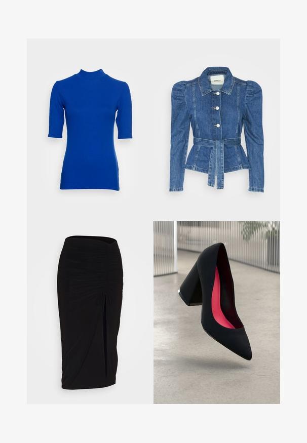 Džinsu jaka ar jostas vidukli, pieguļošu augšdaļu un pūšām plecu daļām. Vidēji zila krāsa, strukturēts dizains un priekšējie pogu aizdarījumi.; Sievietes augsta kakla šaura krekliņa ar īsām piedurknēm zilā krāsā, izgatavots no ribota auduma. Tam ir augsts dekoltē un smalkas sānu slits.; Melna, ručām veidota zīda svārku ar saišu detaļu un sānu izgriezumu. Izgatavota no elastīga auduma, ar gludu tekstūru un pieguļošu dizainu.; Melna augsta papēža kurpe ar smailu purngalu, teksturētu virsmu un dzīvespriecīgu rozā interjeru. Satur masīlu papēdi ar sudraba akcentu.