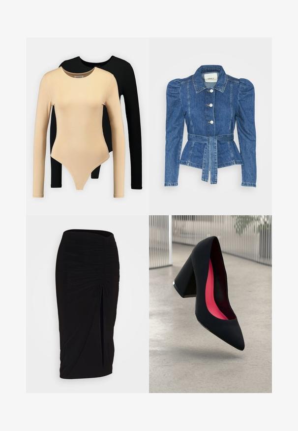 Farmer dzseki övvel a deréknál, testhez simuló fazon és puffos vállakkal. Középkék szín, struktúrált kialakítás és elöl gombos záródás.; Két hosszú ujjú body: az egyik bézs, sima textúrával és kerek nyakkivágással, a másik fekete. Mindkettő testhezálló fazonú és tanga kivágású.; Fekete, ráncolt ceruzaszoknya kötött részlettel és oldalsó hasítékkal. Rugalmas anyagból készült, sima textúrával és testhez álló kialakítással.; Fekete magassarkú cipő hegyes orral, textúrált felülettel és élénk rózsaszín béléssel. Vastag sarokkal rendelkezik, ezüst kiegészítővel.