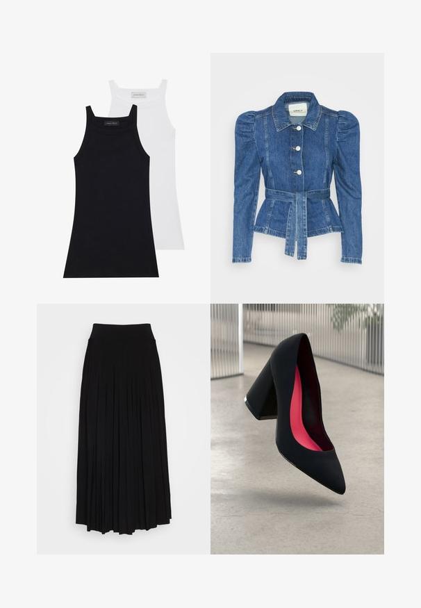 Denimjakke med beltedal, tætsiddende liv og puffede skuldre. Mellemblå farve, struktureret design og frontknaplukninger.; To sove tops i sort og hvid. Lavet af blødt, strækbart stof med en ribbet tekstur og et tætsiddende design. Har smalle stropper.; Sort plisseret nederdel med et højt, strækbart taljebånd. Lavet af blødt stof, med lodrette plisseringer for en flydende silhuet.; Sort højhælet sko med spids tå, struktureret overflade og et livligt pink interiør. Har en kraftig hæl med sølvdetaljer.