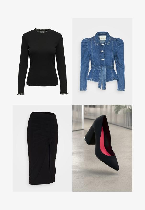 Denim jacket with a belted waist, fitted bodice, and puffed shoulders. Medium blue color, structured design, and front button closures.; Black long-sleeve top made of ribbed fabric, featuring a ruffled lace detail at the neckline and cuffs. Simple round neck design.; Black, ruched pencil skirt with tie detail and a side slit. Made from a stretchy fabric, featuring a smooth texture and form-fitting design.; Black high heel shoe with a pointed toe, textured surface, and a vibrant pink interior. Features a chunky heel with silver accent.