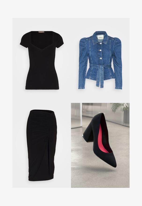 Jachetă din denim cu talie cu curea, bust ajustat și umeri bufanți. Culoare albastră medie, design structurat și închidere cu nasturi în față.; Top scurt cu maneci scurte, negru, cu decolteu pătrat adânc și o siluetă ajustată. Prezintă o textură netedă și detalii de design minime.; Fustă creion neagră, plisată, cu detalii cu fundă și o fanta laterală. Fabricată dintr-un material elastic, cu o textură netedă și un design care se mulează pe corp.; Cămașă cu toc înalt, neagră, cu vârful ascuțit, suprafață texturată și interior de un roz vibrant. Dispune de un toc gros cu accent argintiu.