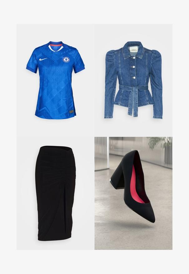 Veste en denim avec une taille ceinturée, un buste ajusté et des épaules bouffantes. Couleur bleu moyen, design structuré et fermetures à boutons sur le devant.; Maillot du Chelsea Football Club en bleu vif, avec un motif géométrique subtil, un col blanc et le logo Nike à l'avant.; Jupe crayon noire froncée avec détail à nouer et fente latérale. Fabriquée à partir d'un tissu extensible, elle présente une texture lisse et une coupe ajustée.; Chaussure à talon noir avec un bout pointu, surface texturée et un intérieur rose vif. Dotée d'un talon épais avec un accent en argent.