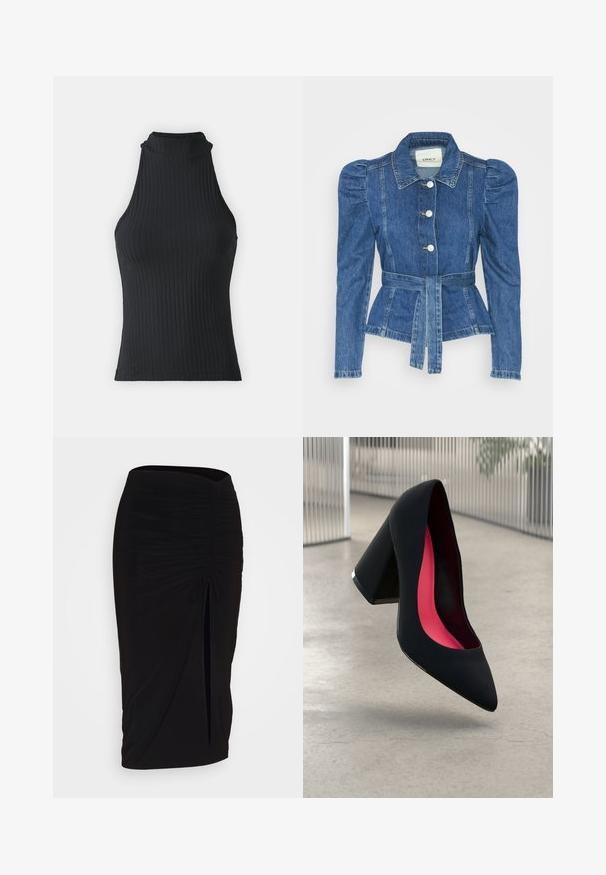 Spijkerjack met een ceintuur in de taille, een getailleerd lijfje en pofmouwen. Middelblauwe kleur, gestructureerd ontwerp en knoopsluitingen aan de voorkant.; Zwart geribbeld hoog-nekkleed zonder mouwen met een getailleerde pasvorm en rekbaar materiaal, met een subtiele textuur en afgewerkte randen.; Zwarte, gerimpelde kokerrok met strikdetail en een zijsplit. Gemaakt van een rekbaar stof, met een soepele textuur en een aansluitend ontwerp.; Zwarte hoge hak met een spitse neus, textuur op het oppervlak en een opvallend roze interieur. Beschikt over een chunky hak met zilveren accent.