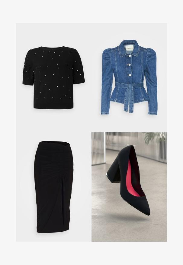 Spijkerjack met een ceintuur in de taille, een getailleerd lijfje en pofmouwen. Middelblauwe kleur, gestructureerd ontwerp en knoopsluitingen aan de voorkant.; Zwarte korte mouwen trui met een ronde halslijn en verspreide witte kraalaccenten aan de voorkant. Gebreide stof met een gladde textuur.; Zwarte, gerimpelde kokerrok met strikdetail en een zijsplit. Gemaakt van een rekbaar stof, met een soepele textuur en een aansluitend ontwerp.; Zwarte hoge hak met een spitse neus en een gestructureerd bovenwerk. Interieur met felroze voering. Vierkante hak met een metallic accent aan de basis.