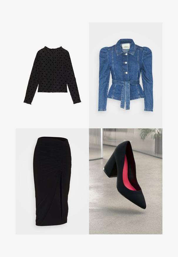 Casaco de ganga com cintura ajustada, corpete justo e ombros bufantes. Cor azul média, design estruturado e fecho frontal por botões.; Camisola preta de manga longa com um tecido texturizado, apresentando um design ondulado e padrões de laços em relevo por toda a peça. Decote redondo e silhueta ajustada.; Saia lápis preta, franzida, com detalhe de laço e uma fenda lateral. Feita de um tecido elástico, apresenta uma textura suave e um design justo ao corpo.; Sapato de salto alto preto com bico puntiagudo, superfície texturizada e um interior vibrante em rosa. Apresenta um salto grosso com detalhe em prata.
