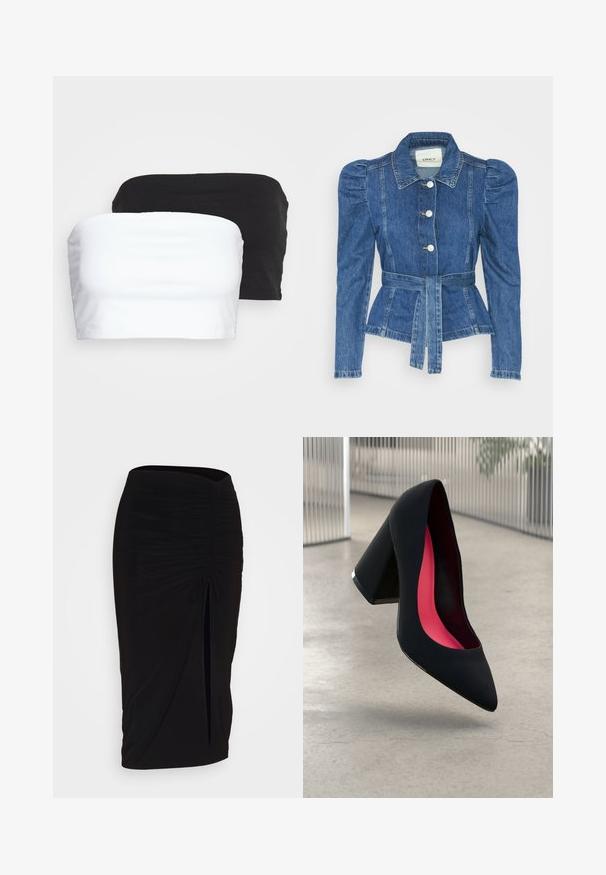 Džinsu jaka ar jostas vidukli, pieguļošu augšdaļu un pūšām plecu daļām. Vidēji zila krāsa, strukturēts dizains un priekšējie pogu aizdarījumi.; Divi bezpiedurkļu topi, krāsās melnā un baltā, izgatavoti no stiepjama kokvilnas auduma. Gluda tekstūra ar vienkāršu dizainu un bez redzamām šuvēm.; Melna, ručām veidota zīda svārku ar saišu detaļu un sānu izgriezumu. Izgatavota no elastīga auduma, ar gludu tekstūru un pieguļošu dizainu.; Melna augsta papēža kurpe ar smailu purngalu, teksturētu virsmu un dzīvespriecīgu rozā interjeru. Satur masīlu papēdi ar sudraba akcentu.