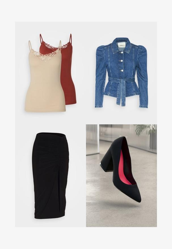 Jeansowa kurtka z pasem w talii, dopasowaną górą i bufiaste ramiona. Średni niebieski kolor, usztywniony fason oraz zapięcie na guziki z przodu.; Dwie koszulki nocne w odcieniach beżu i burgundowym. Obie z cienkimi ramiączkami i koronkowym wykończeniem przy dekolcie. Gładki materiał i dopasowany krój.; Czarna, marszczona spódnica typu ołówkowego z węzłem i bocznym rozcięciem. Wykonana z elastycznego materiału, o gładkiej fakturze i dopasowanym kroju.; Czarna szpilka o spiczastym nosie, z teksturowaną powierzchnią i intensywnie różowym wnętrzem. Posiada masywny obcas z srebrnym akcentem.