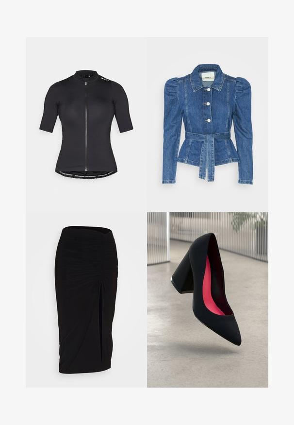 Traper jakna s pojasom u struku, prilagođenim tijelom i nabranim ramenima. Srednje plava boja, strukturirani dizajn i prednje kopčanje na tipke.; Majica za bicikliste kratkih rukava u crnoj boji, s prednjim patentnim zatvaračem, visokim ovratnikom i brendiranim pojasom duž donjeg ruba. Glatka, lagana tkanina.; Crna, nabrana suknja olovka s detaljem vezanja i bočnim prorezom. Izrađena od rastezljivog materijala, s glatkom teksturom i prilagođenim dizajnom.; Crna cipele na visoku petu sa špicastim vrhom i teksturiranim gornjim dijelom. Unutrašnjost s jarko ružičastim podstavom. Kvadratna peta s metalnim detaljem na bazi.
