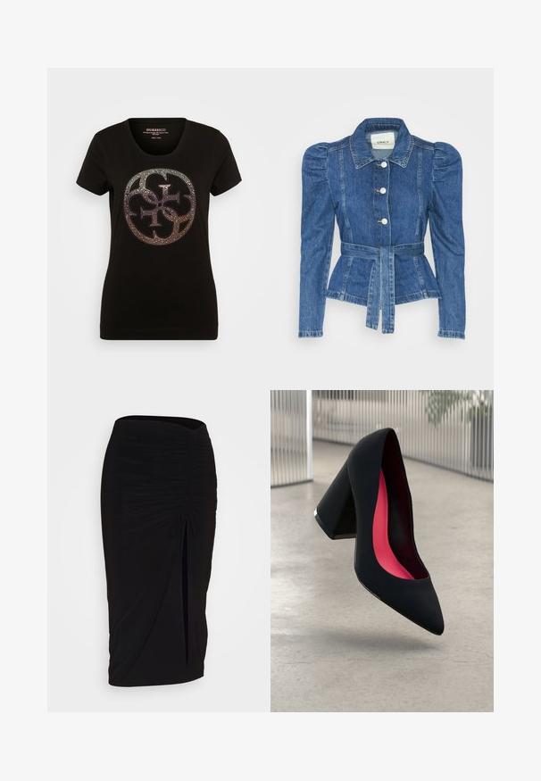 Jeansowa kurtka z pasem w talii, dopasowaną górą i bufiaste ramiona. Średni niebieski kolor, usztywniony fason oraz zapięcie na guziki z przodu.; Czarny t-shirt z krótkim rękawem z okrągłym logo ozdobionym metalowymi ćwiekami. Wycięcie w kształcie litery V, wykonany z miękkiej bawełny.; Czarna, marszczona spódnica typu ołówkowego z węzłem i bocznym rozcięciem. Wykonana z elastycznego materiału, o gładkiej fakturze i dopasowanym kroju.; Czarna szpilka o spiczastym nosie, z teksturowaną powierzchnią i intensywnie różowym wnętrzem. Posiada masywny obcas z srebrnym akcentem.