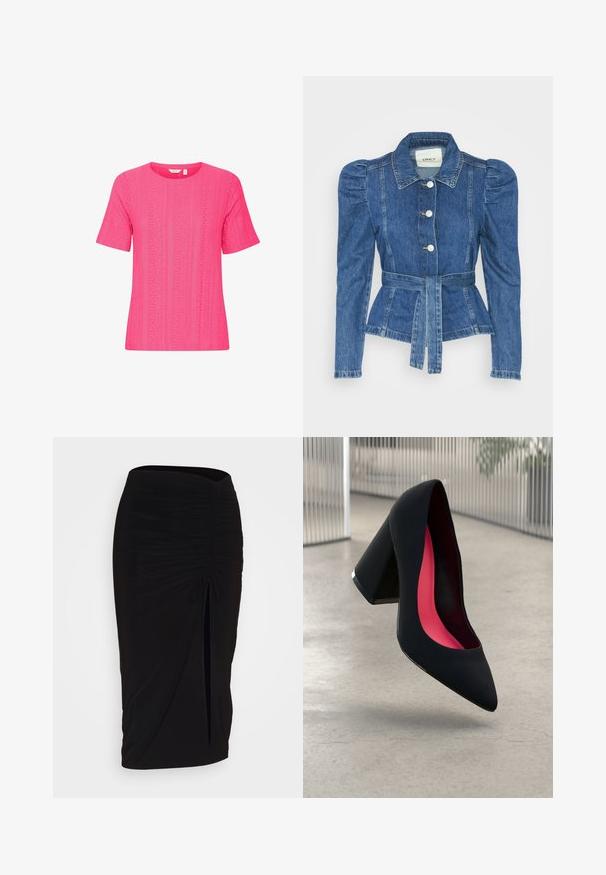 Spijkerjack met een ceintuur in de taille, een getailleerd lijfje en pofmouwen. Middelblauwe kleur, gestructureerd ontwerp en knoopsluitingen aan de voorkant.; Korte mouwen, ronde hals roze top gemaakt van textuurstof met een patroon van verticale strepen en opengewerkte details.; Zwarte, gerimpelde kokerrok met strikdetail en een zijsplit. Gemaakt van een rekbaar stof, met een soepele textuur en een aansluitend ontwerp.; Zwarte hoge hak met een spitse neus, textuur op het oppervlak en een opvallend roze interieur. Beschikt over een chunky hak met zilveren accent.