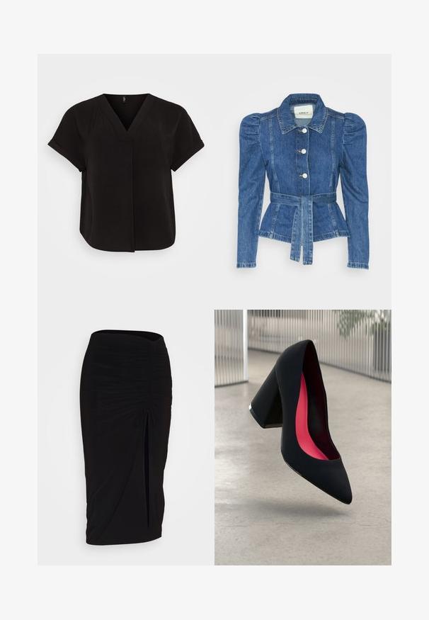 Chaqueta de mezclilla con cintura ceñida, cuerpo ajustado y hombros abullonados. Color azul medio, diseño estructurado y cierres frontales de botones.; Blusa negra de manga corta con escote en V, hecha de una tela ligera y texturizada, con un corte holgado y un diseño frontal cruzado.; falda lápiz negra con fruncido, detalle de lazo y abertura lateral. Hecha de un tejido elástico, con una textura suave y un diseño ajustado.; Zapato de tacón alto negro con puntera afilada, superficie texturizada y un interior de un rosa vibrante. Presenta un tacón grueso con un acento plateado.