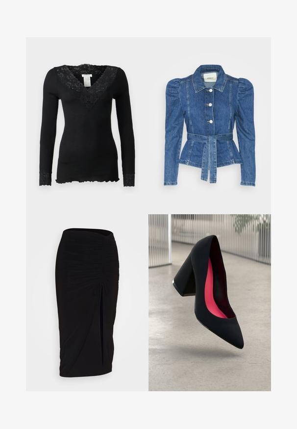 Riposso takki, jossa on vyöllinen vyötärö, istuva vartalo ja puffatut olkapäät. Keskisininen väri, rakenteellinen muotoilu ja etupainetut napit.; Musta pitkähihainen paita, jossa on ribbitekstuuri, ja siinä on kukkakuvioinen pitsikaulus sekä pitsikoristeet hihoissa. Helma on sahalaitainen.; Musta, rypytetty kynähame, jossa on solmuseikkaus ja sivurako. Valmistettu joustavasta kankaasta, joka tarjoaa sileän pinnan ja vartaloon kiinnittyvän muodon.; Musta korkokenkä, jossa on terävä kärki, teksturoitu pinta ja kirkkaan vaaleanpunainen sisus. Varustettu tukevalla kannalla, jossa on hopeinen yksityiskohta.