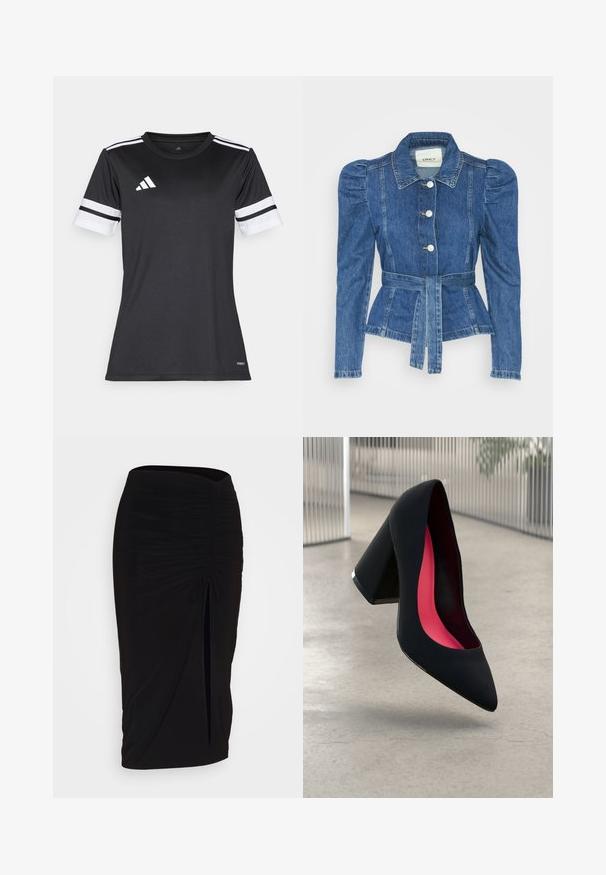 Denim jakna z pasom, prilegajoča bodica in napihnjena ramena. Srednje modra barva, strukturna zasnova in sprednje gumbne zanke.; Črna športna majica z belimi akcenti in tremi vodoravnimi črtami na rokavih. Narejena iz materiala, ki odvaja vlago, zasnovana za športno rabo.; Črna, nabrana svinčnik krilo z detajlom v obliki traku in stranskim razporkom. Narejeno iz raztegljive tkanine, ki se ponaša z gladko teksturo in oblikovanjem, ki se prilega telesu.; Črne visoke petke z nazobčanim prstom, teksturirano površino in živahnimi rožnatimi notranjimi deli. Imajo robustno peto z srebrnim akcentom.