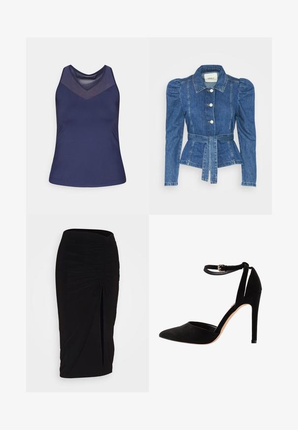 Denim jakna z pasom, prilegajoča bodica in napihnjena ramena. Srednje modra barva, strukturna zasnova in sprednje gumbne zanke.; Temno modra majica brez rokavov z V-izrezom in mrežnim panelom. Gladek material s prilegajočo obliko in šivanjem na robu.; Črna, nabrana svinčnik krilo z detajlom v obliki traku in stranskim razporkom. Narejeno iz raztegljive tkanine, ki se ponaša z gladko teksturo in oblikovanjem, ki se prilega telesu.; Črne suede visoke pete z ostrim nosom, trakovi okoli gležnja in stileto peto. Oblikovanje se ponaša z gladko teksturo in minimalnimi detajli.