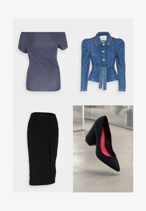 Jeansjacke mit tailliertem Schnitt, fitted Oberteil und gepufften Schultern. Mittelblaue Farbe, strukturierte Form und Frontknopfverschlüsse.; Schulterfreies Oberteil in Dunkelblau aus weichem, glattem Stoff. Präsentiert ein drapiertes Design mit kurzen Ärmeln und einer taillierten Silhouette.; Schwarzer, geraffter Bleistiftrock mit Bindegürtel und seitlichem Schlitz. Hergestellt aus einem dehnbaren Stoff, mit glatter Textur und figurschmeichelndem Design.; Schwarzer High Heel Schuh mit spitzer Zehe, strukturiertem Obermaterial und lebhaftem pinken Innenraum. Verfügt über einen dicken Absatz mit silberner Akzentuierung.