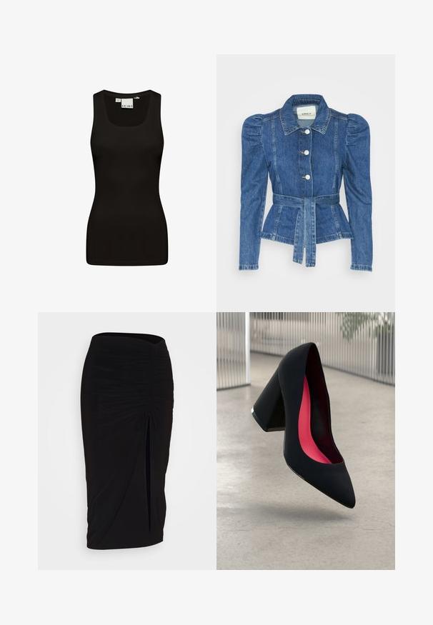 Džínová bunda s opaskom v páse, priliehavým telom a vypúknutými ramenami. Stredne modrá farba, štruktúrovaný dizajn a predné gombíkové zapínanie.; Čierny top bez rukávov vyrobený z hladkej, pružnej tkaniny. Má okrúhly výstrih a široké ramienka, s priliehavým, bezšvovým dizajnom.; Čierna, riasená ceruzková sukňa s viazaním a bočným rozparkom. Vyrobená z elastického materiálu, s hladkou textúrou a priliehavým dizajnom.; Čierna lodička na vysokom opätku s špicatou špičkou, štruktúrovaným povrchom a živým ružovým interiérom. Obsahuje robustný opätok so strieborným akcentom.