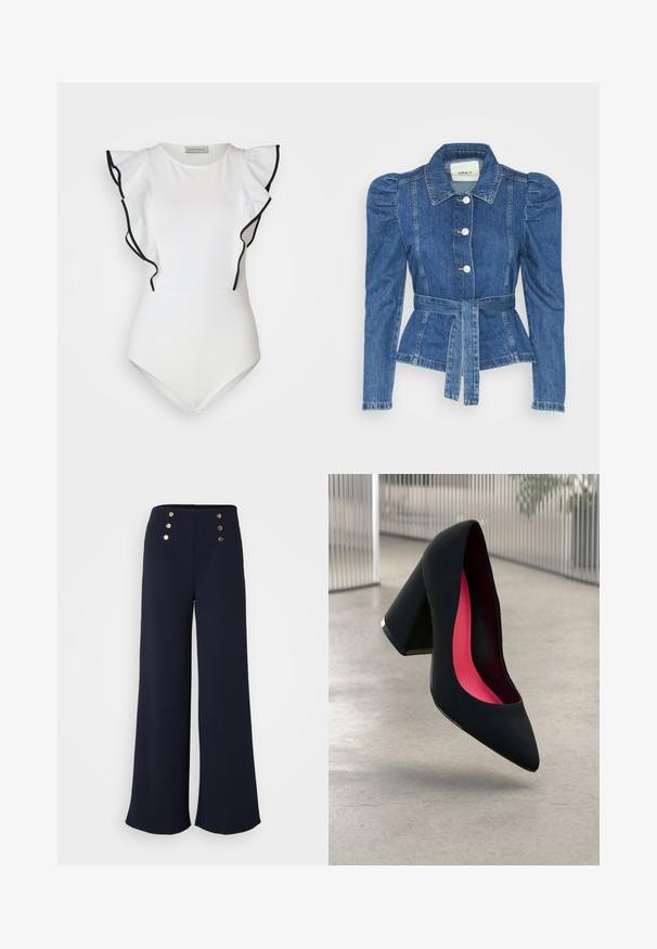 Denim jacket with a belted waist, fitted bodice, and puffed shoulders. Medium blue color, structured design, and front button closures.; White bodysuit with ruffled sleeves outlined in black. Smooth fabric, round neckline, and form-fitting design. Minimalist style.; Navy wide-leg trousers made of smooth fabric, featuring four gold-tone button accents at the high-rise waistband.; Black high heel shoe with a pointed toe, textured surface, and a vibrant pink interior. Features a chunky heel with silver accent.