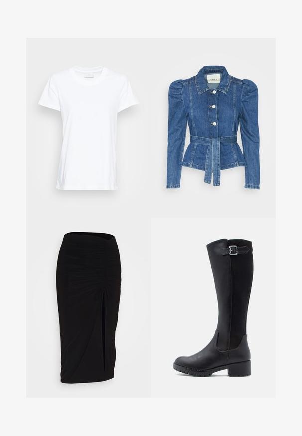 Jeansjacke mit tailliertem Schnitt, fitted Oberteil und gepufften Schultern. Mittelblaue Farbe, strukturierte Form und Frontknopfverschlüsse.; Weißes Kurzarm-T-Shirt aus weicher Baumwolle. Mit rundem Halsausschnitt und einem leicht lockeren Schnitt sowie seitlichen Schlitzen für zusätzlichen Komfort.; Schwarzer, geraffter Bleistiftrock mit Bindegürtel und seitlichem Schlitz. Hergestellt aus einem dehnbaren Stoff, mit glatter Textur und figurschmeichelndem Design.; Schwarze kniehohe Stiefel mit einer glatten Lederfront, Netzpaneelen und einem niedrigen Blockabsatz, ausgestattet mit einem Riemen und einer Schnallen-Details.