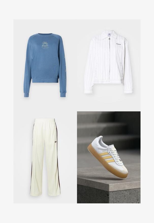 Bela zip-up jakna z vertikalnimi črnimi črtami, ki ima špičast ovratnik, stranske žepe in črni Adidasov logo na prsih.; Modra crewneck pulover iz mehkega blaga. Ima grafični dizajn na sprednji strani s tekstom in motivi sonca na rokavih.; Kremne hlače za treniranje s sproščenim krojem, ki imajo temno rjave stranske črte in vezeno logo na levem stegnu.; Bela usnjena superga z rumenimi poudarki, tremi črtami in gumijastim podplatom naravne barve. Ima zaobljen prst in teksturiran jeziček.