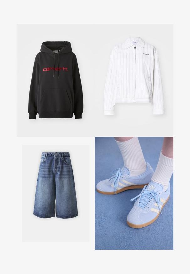 Fehér zipzáras dzseki függőleges fekete csíkokkal, hegyes gallérral, oldalsó zsebekkel, és fekete Adidas logóval a mellkason.; Fekete kapucnis pulóver pamut keverékből, elülső zsebbel, bordázott mandzsettával és piros hímezett "carhartt" logóval a mellkasán.; Világoskék és sötétkék árnyalatú denim rövidnadrág, klasszikus öt zsebes dizájnnal, gombos zipzárral és széles szárakkal.; Világoskék velúr sportcipők fehér csíkokkal, lapos fűzőkkel és gumi talppal. Domború fehér zoknik vannak viselve a boka felett.